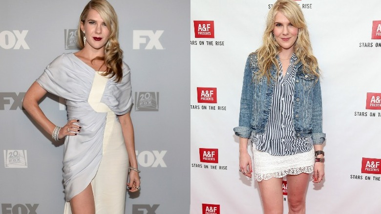 Lily Rave in with red lipstick and glamorous couture dress; lily rabe in a denim jacket and striped shirt