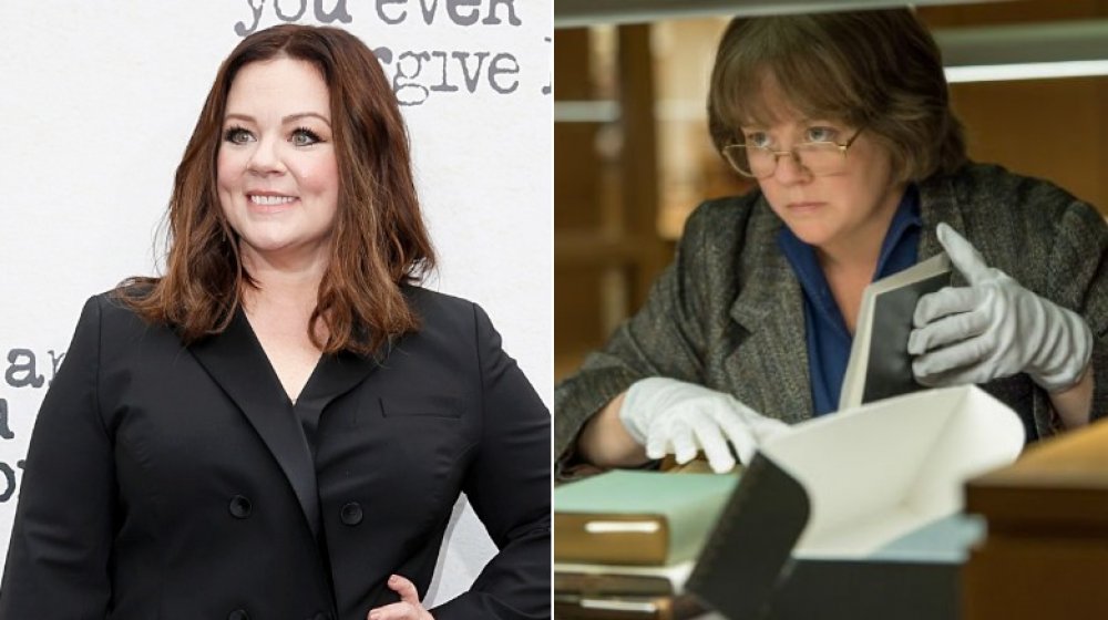 Split image of Melissa McCarthy at a 2018 premiere, and as Lee Israel in Can You Ever Forgive Me?