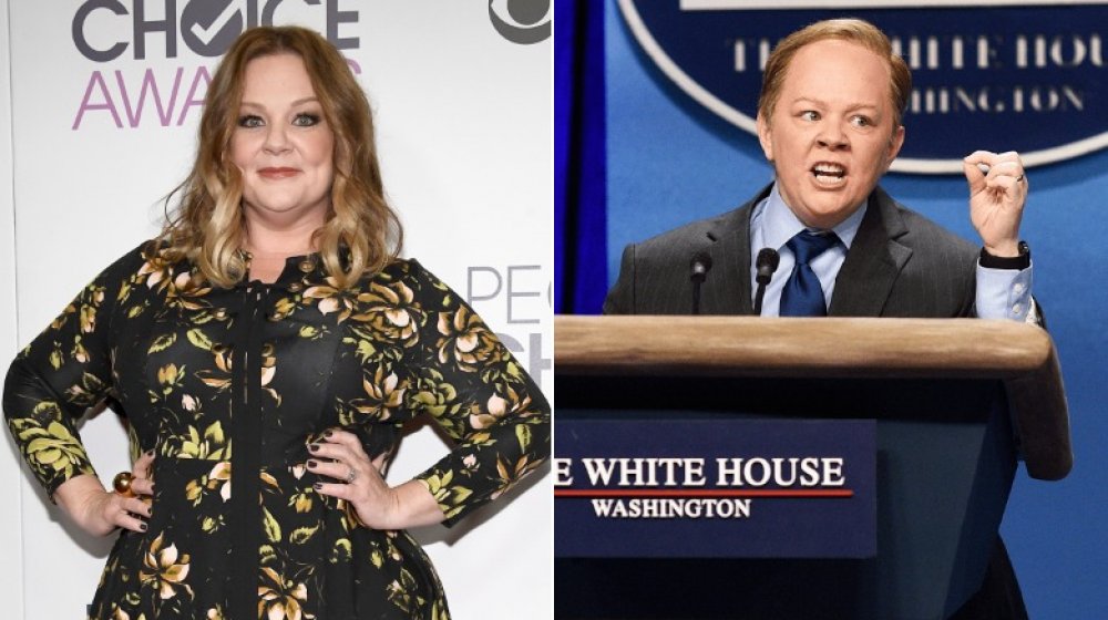 Split image of Melissa McCarthy on the red carpet and impersonating Sean Spicer on SNL