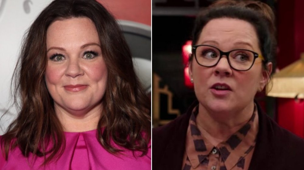 Split image of Melissa McCarthy at the Ghostbusters premiere, and as Abby Yates in Ghostbusters
