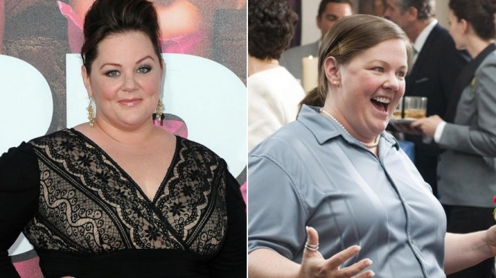 Split image of Melissa McCarthy at the Bridesmaids premiere, and as Megan Price in Bridesmaids