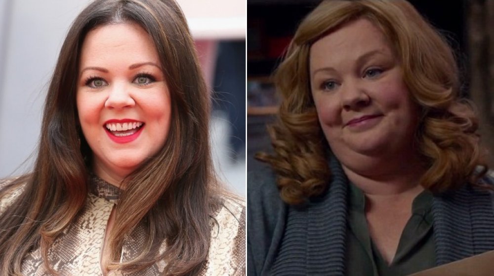 Split image of Melissa McCarthy smiling big at the Spy premiere, and as Susan Cooper in Spy