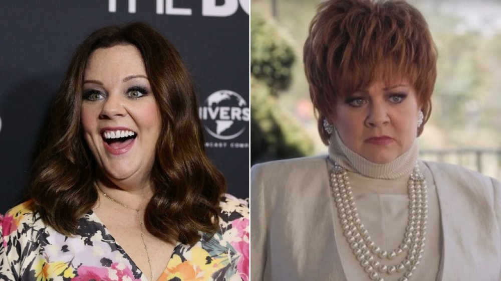 Split image of Melissa McCarthy smiling big at The Boss premiere, and as Michelle Darnell in The Boss