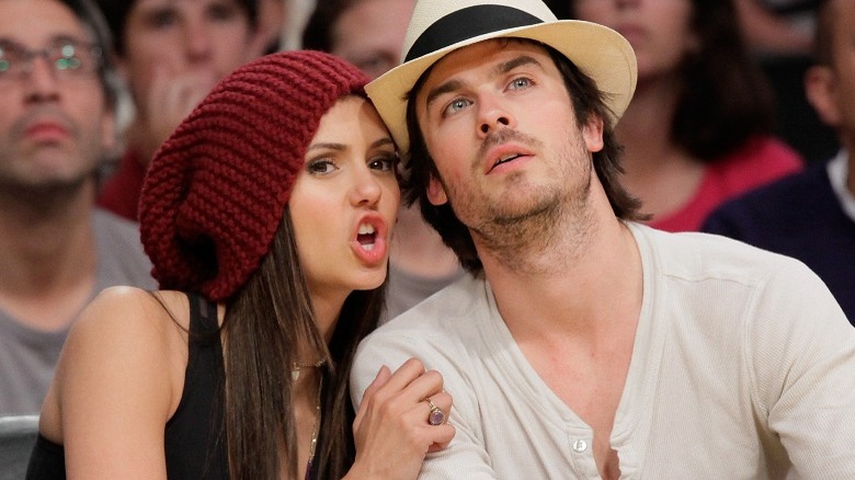 Nina Dobrev and Ian Somerhalder at a Lakers game, chatting