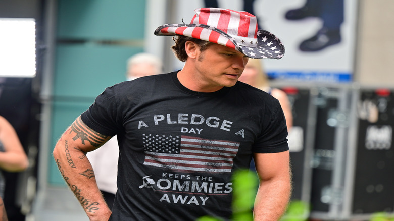 Pete Hegseth wearing a stars-and-stripes cowboy hat