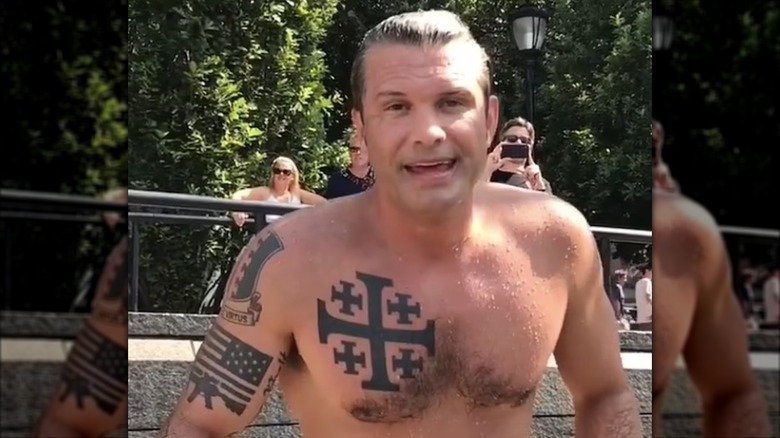 Shirtless Pete Hegseth and his tattoos