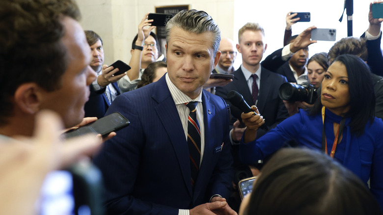 Pete Heseth at the Capitol, responding to reporters after being nominated as secretary of defense