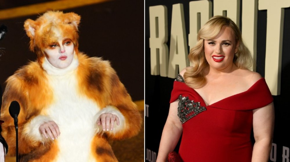 Rebel Wilson in her Cats costume (left), Rebel Wilson at the premiere of JoJo Rabbit (right)