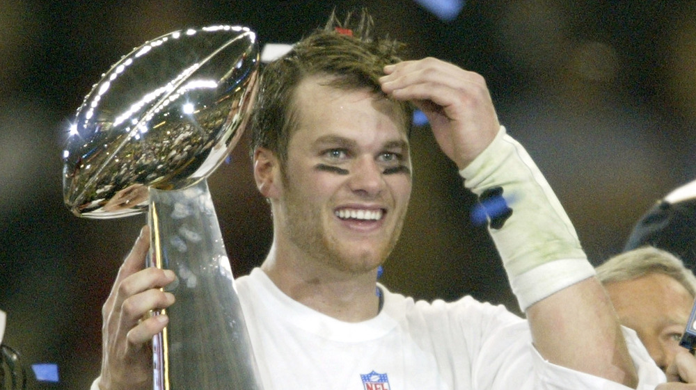 Tom Brady smiles after winning his first Super Bowl