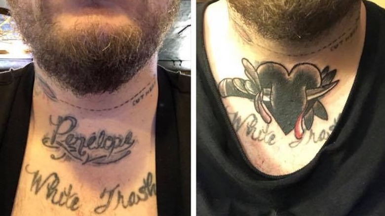 Jelly Roll's collar tattoo before and after