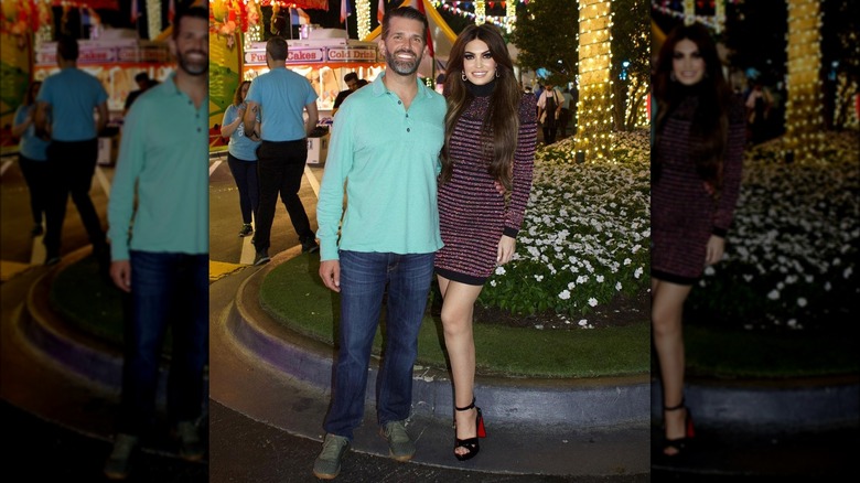 Donald Trump Jr. wearing jeans and shirt while Kimberly Guilfoyle wears a sparkly minidress at the Admirals Cove Street Fair