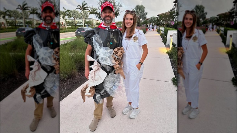 Donald Trump Jr. wearing garbage bag covered with trash and MAGA hat while posing with Kai Trump