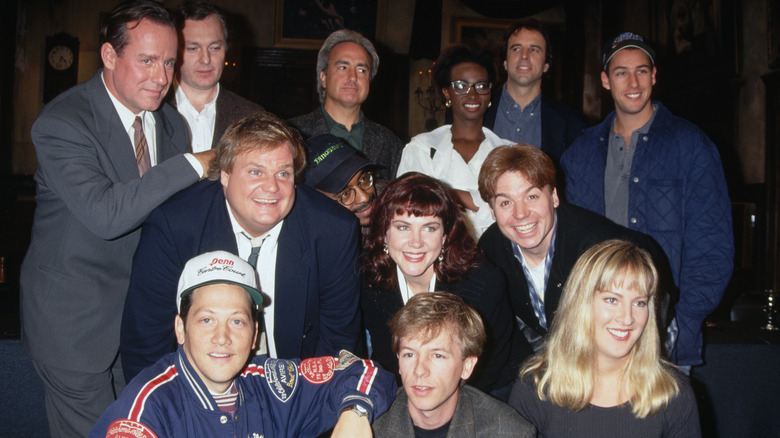 From Left: Phil Hartman, Chris Farley, Tim Meadows, Lorne Michaels, Ellen Kleghorne, Kevin Nealon, Adam Sandler, Mike Myers, Rob Schneider, David Spade