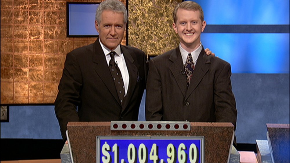 Alex Trebek and Ken Jennings during an episode of Jeopardy