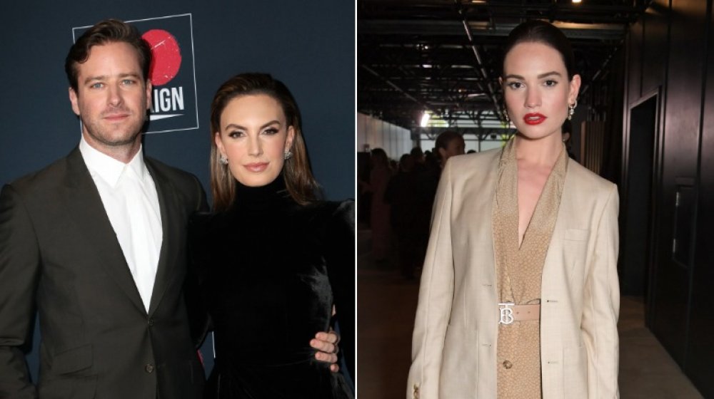 Split image of Armie Hammer, ex-wife Elizabeth Chambers, and Lily James