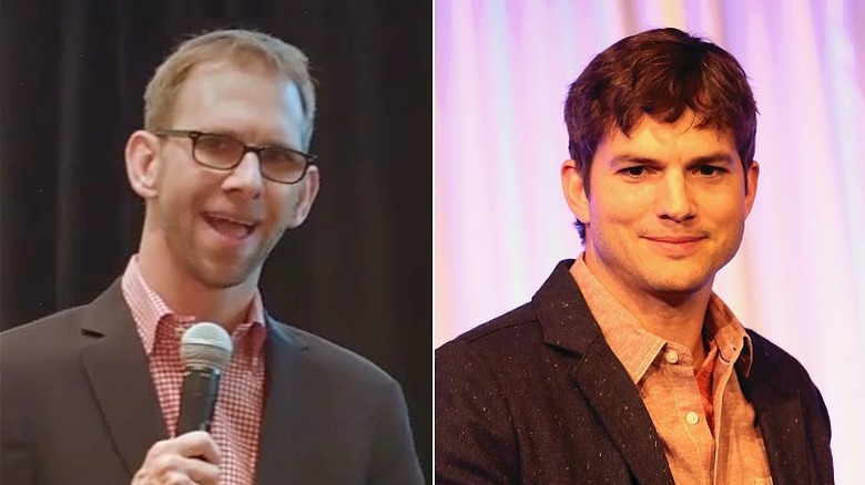 Left: Michael Kutcher at speaking engagement; Right: Ashton Kutcher smiling softly