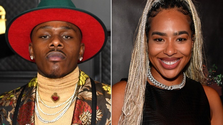 A composite image of DaBaby wearing a green hat, B. Simone wearing blonde braids