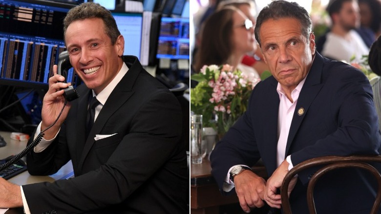 Chris Cuomo on the phone, Andrew Cuomo grimacing