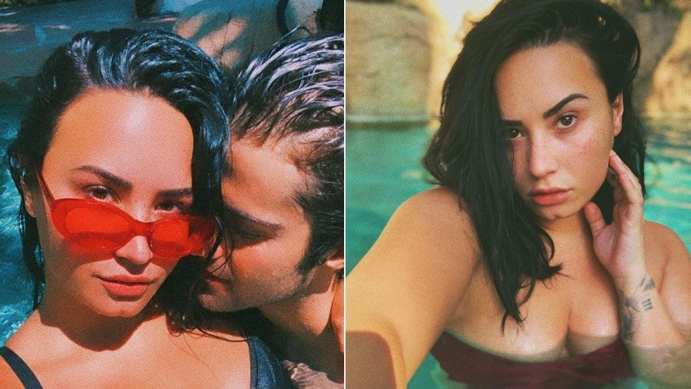 Demi Lovato and Max Ehrich posing for Instagram selfies 