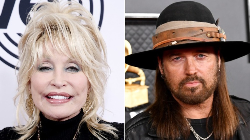 Dolly Parton and Billy Ray Cyrus posing on the red carpet in split image