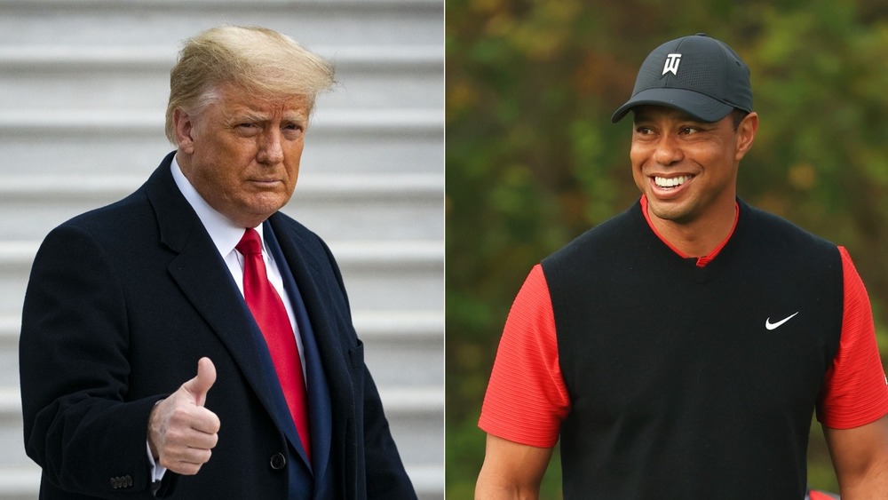 Donald Trump poses and Tiger Woods smiles 