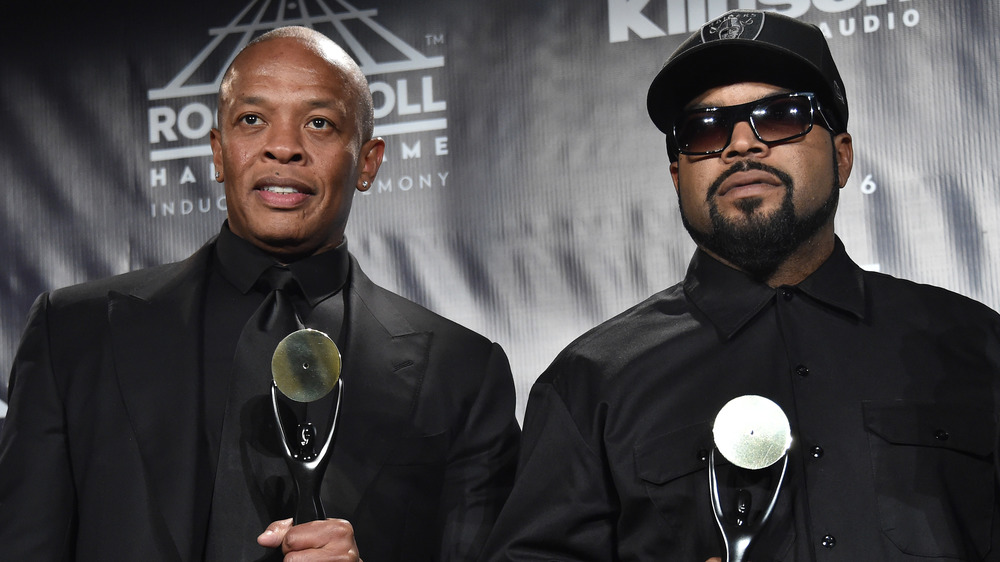 Dr. Dre and Ice Cube after being inducted into the Rock and Roll Hall of Fame