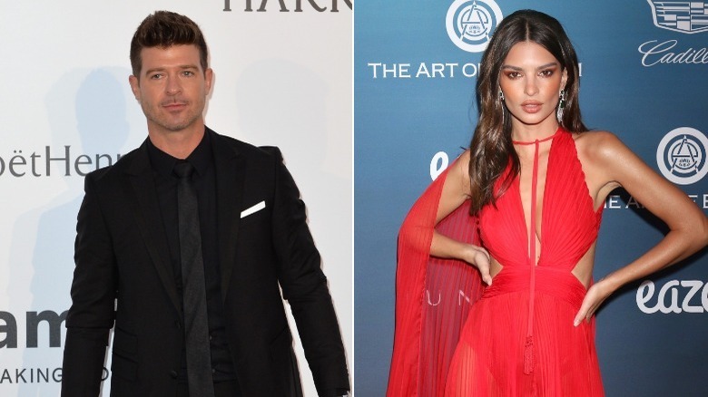 Emily Ratajkowski and Robin Thicke at separate red carpet events