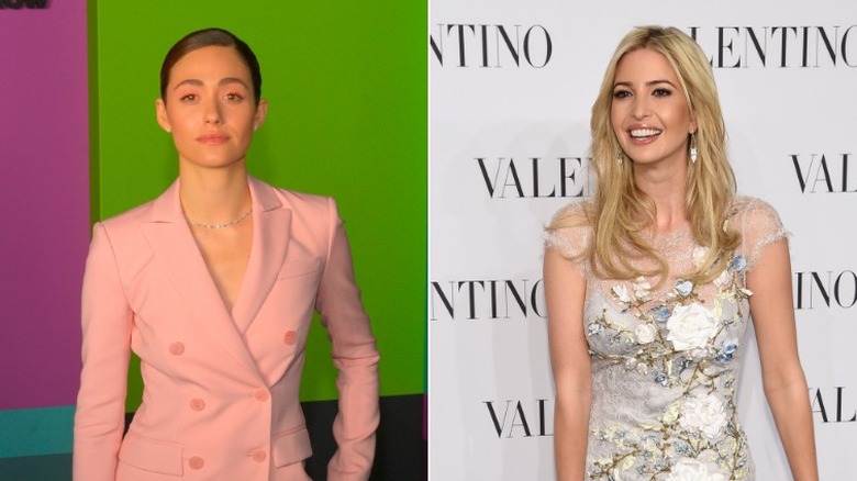 Emmy Rossum and Ivanka Trump posing in split image