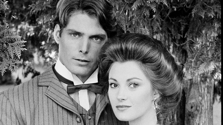 a black and white portrait of jane seymour and christopher reeve 