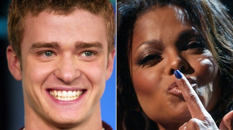 Justin Timberlake grinning, Janet Jackson kissing finger