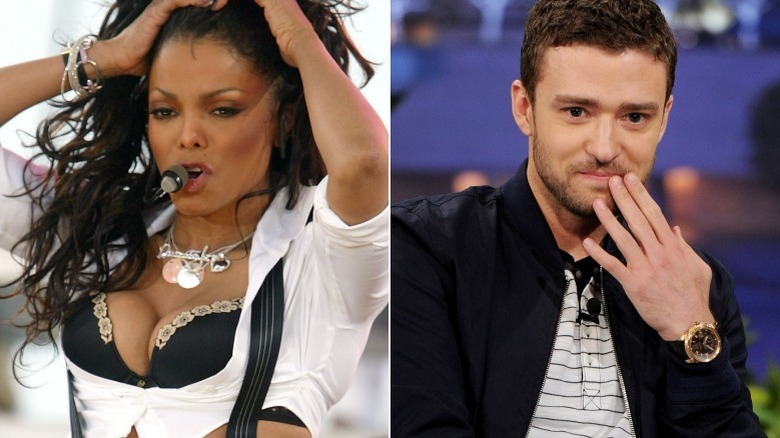 Janet Jackson holding hair up, Justin Timberlake touching mouth