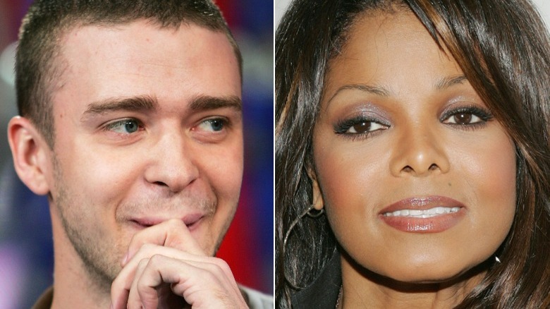 Justin Timberlake with knuckle on mouth, Janet Jackson smiling