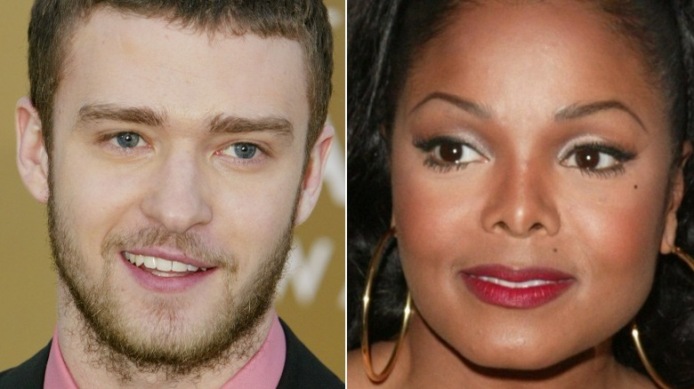 Justin Timberlake smirking, Janet Jackson wearing hoop earrings