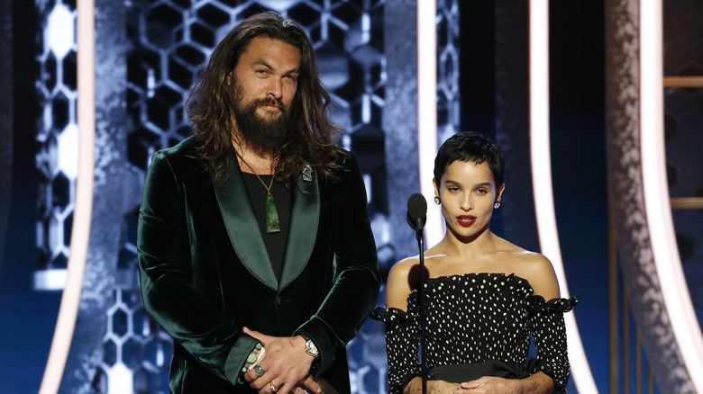 Jason Momoa and Zoë Kravitz presenting onstage in 2020