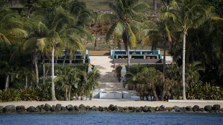 Parrot statues on Epstein island