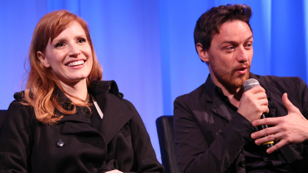 Jessica Chastain and James McAvoy speaking on-stage