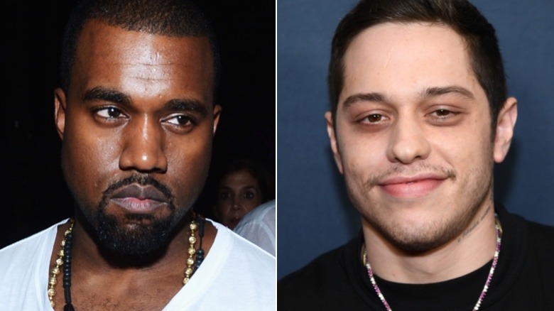 Kanye West and Pete Davidson posing in split image