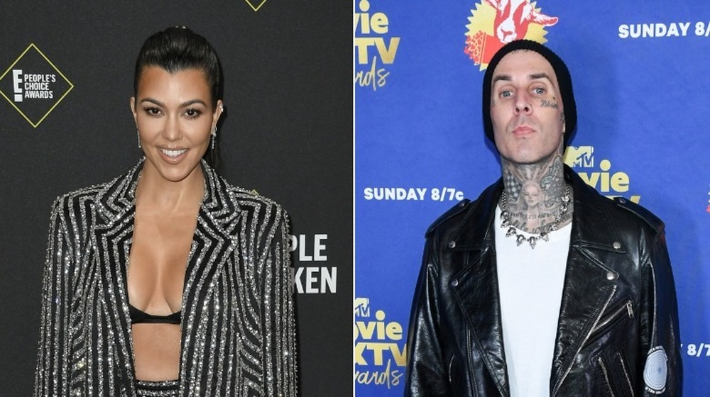 Kourtney Kardashian and Travis Barker pose in split image