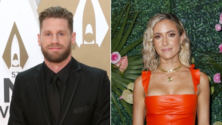 Chase Rice black suit and Kristin Cavallari in an orange dress