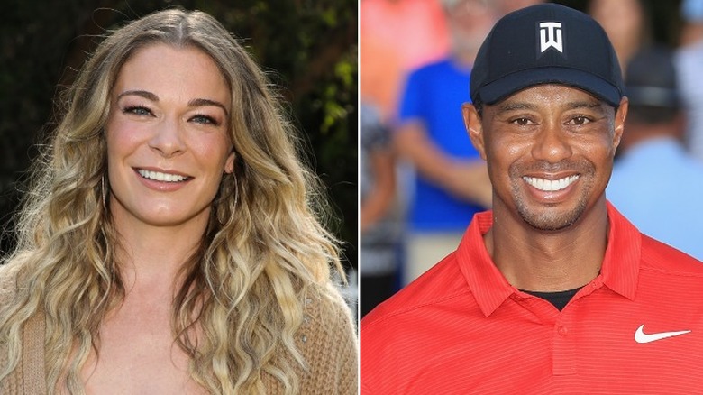 Tiger Woods and LeAnn Rimes smiling in split image