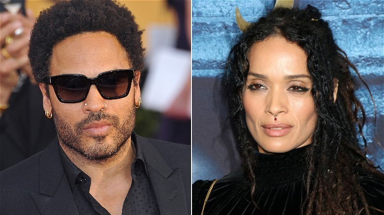 Lenny Kravitz and Lisa Bonet looking serious, split image