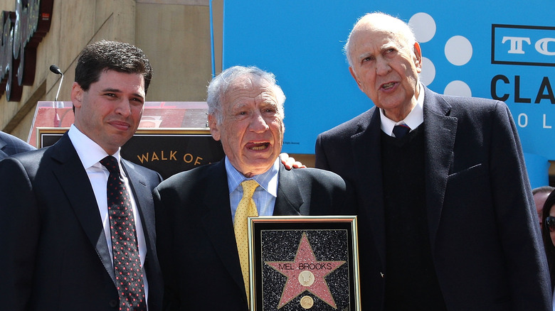 Max Brooks, Mel Brooks pose with Carl Reiner