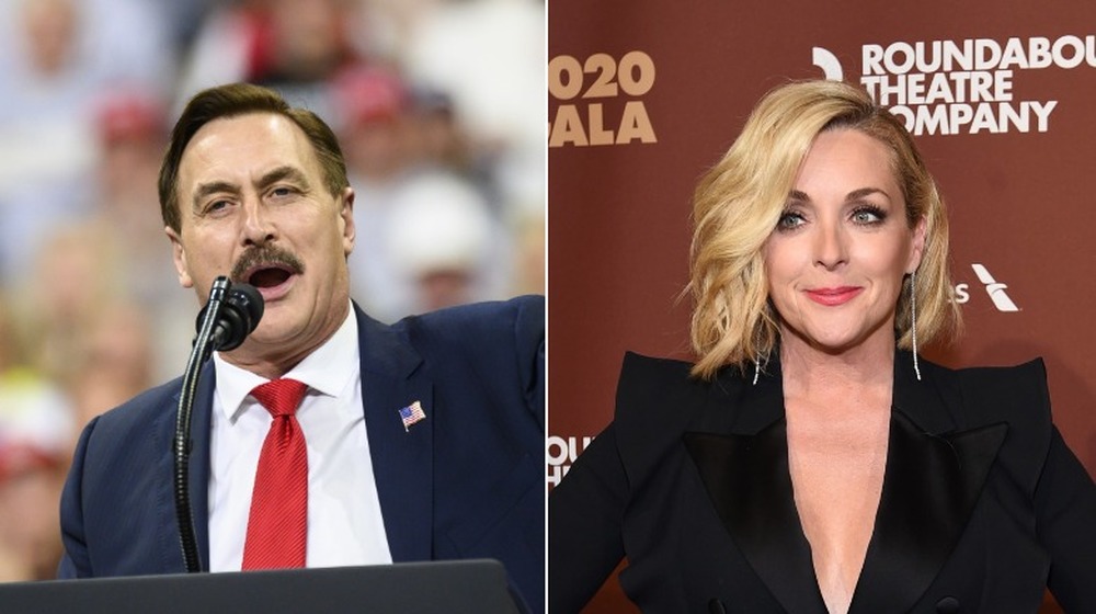 Mike Lindell and Jane Krakowski posing in a split image