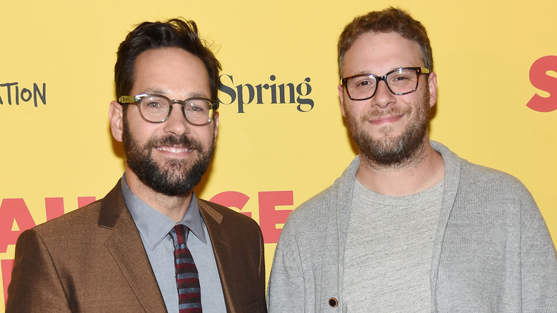 Seth Rogen and Paul Rudd pose at Sausage Party premiere