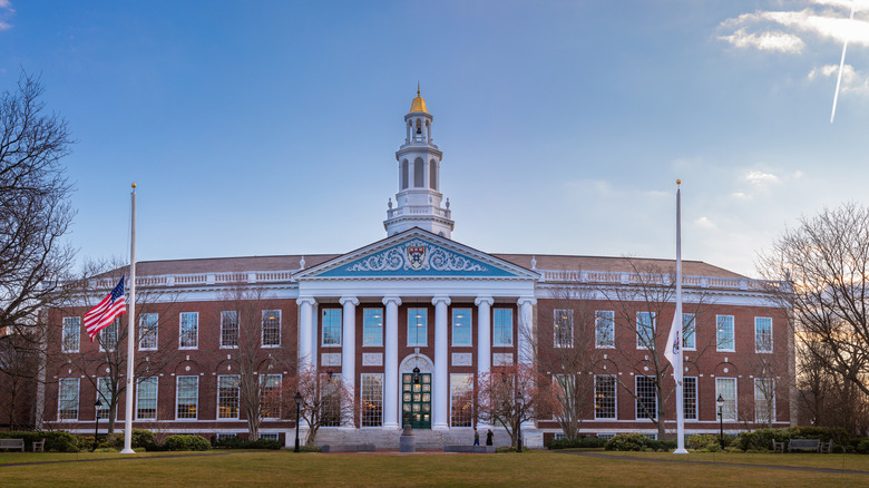 Harvard building with flags