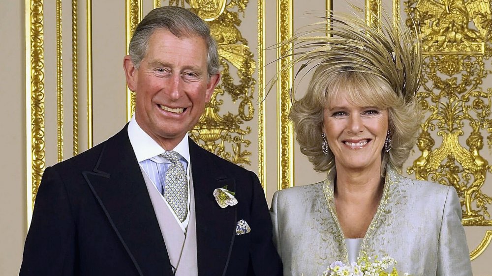 Prince Charles and Camilla Parker Bowles smiling on their wedding day