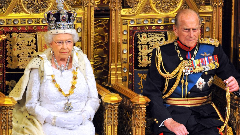 Prince Philip and Queen Elizabeth at State Opening of Parliament in the House of Lords at the Palace of Westminster in 2014
