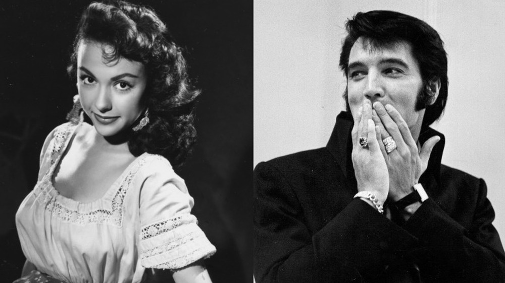 Rita Moreno posing for a photo in the 60s (left), Elvis covering his mouth with his hands (right)