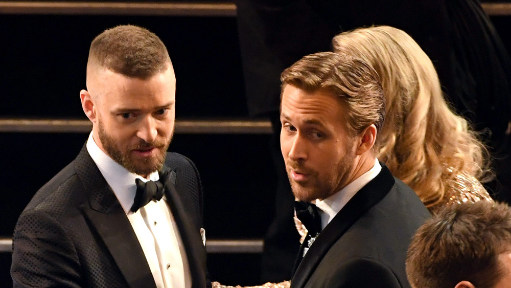 Justin Timberlake and Ryan Gosling speak during the 2017 Oscars