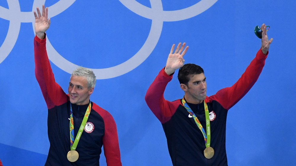 Ryan Lochte and Michael Phelps at a medal ceremony during the Rio 2016 Olympic Games 